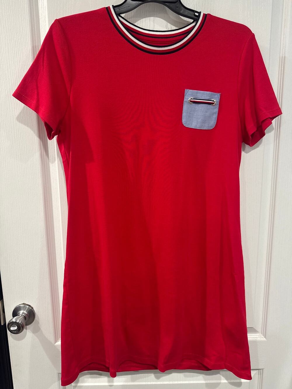 Tommy Hilfiger XL Red T-Shirt Dress Chambray Pocket Striped Trim